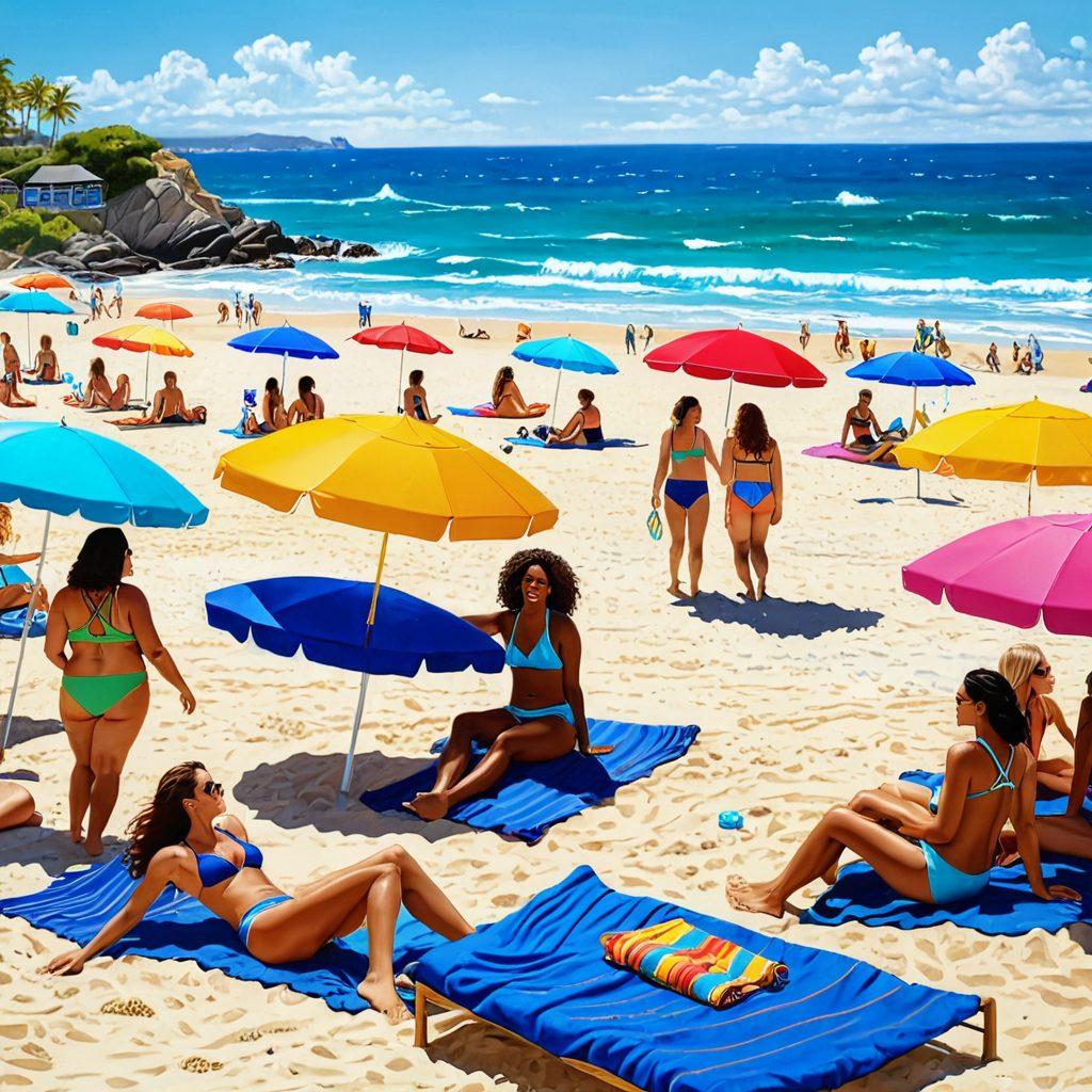 A vibrant beach scene featuring diverse individuals of all body types confidently showcasing trendy swimwear. The sand sparkles under a bright sun, with colorful beach umbrellas and towels scattered around. In the background, clear blue waves gently lap at the shore, while a group of friends enjoys a game of beach volleyball. The atmosphere is filled with joy and body positivity. super-realistic. bright colors. summer vibes.
